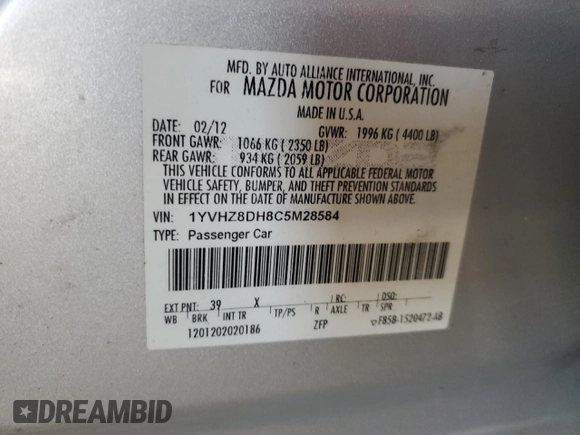 2012 Mazda 6 i Touring with VIN 1YVHZ8DH8C5M28584, listed as a Copart auction lot 47291745 with Not Provided miles and Salvage Title. Bid and sale history available at DreamBid. Image 13.