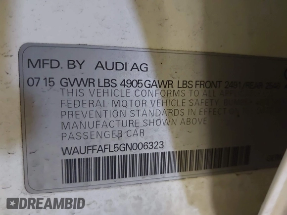 2016 Audi A4 Premium Plus with VIN WAUFFAFL5GN006323, listed as a IAAI auction lot 41299095 with 106,166 mi miles. Bid and sale history available at carsss.com. Image 9.
