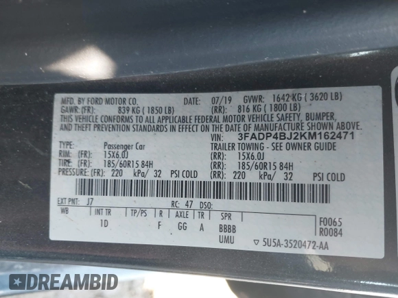2019 Ford Fiesta SE with VIN 3FADP4BJ2KM162471, listed as a IAAI auction lot 41893871 with 109,490 mi miles. Bid and sale history available at carsss.com. Image 9.
