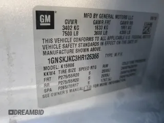 2017 Chevrolet Suburban Premier z VIN 1GNSKJKC3HR126366, wystawiony jako Copart lot #42008635 z przebiegiem Nie podano mil oraz Szkoda całkowita • Salvage title. Historia ofert i sprzedaży dostępna na DreamBid. Obrazek 13.