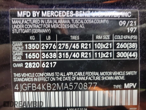 2021 Mercedes-Benz GLE 350 with VIN 4JGFB4KB2MA570877, listed as a Copart auction lot 58074685 with 15,253 mi miles and Salvage title. Bid and sale history available at DreamBid. Image 14.