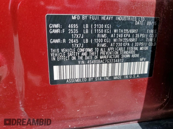 2016 Subaru Outback 2.5i with VIN 4S4BSBAC7G3234812, listed as a Copart auction lot 60889105 with 79,373 mi miles and Clean title. Bid and sale history available at DreamBid. Image 14.