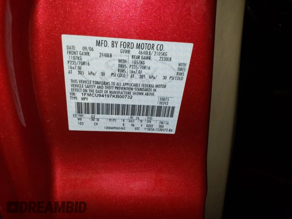 2007 Ford Escape Limited with VIN 1FMCU94197KB00732, listed as a Copart auction lot 60498815 with 100,175 mi miles and Clean title. Bid and sale history available at DreamBid. Image 13.