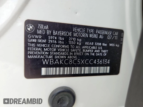 2012 BMW 7 Series 750Li xDrive with VIN WBAKC8C5XCC436134, listed as a Copart auction lot 63144905 with 64,282 mi miles and Salvage title. Bid and sale history available at DreamBid. Image 12.
