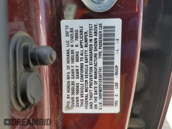 2012 Honda Civic LX z VIN 19XFB2F51CE347741, wystawiony jako Copart lot #57479385 z przebiegiem 173 523 mil mil oraz Szkoda całkowita • Salvage title. Historia ofert i sprzedaży dostępna na DreamBid. Obrazek 12.