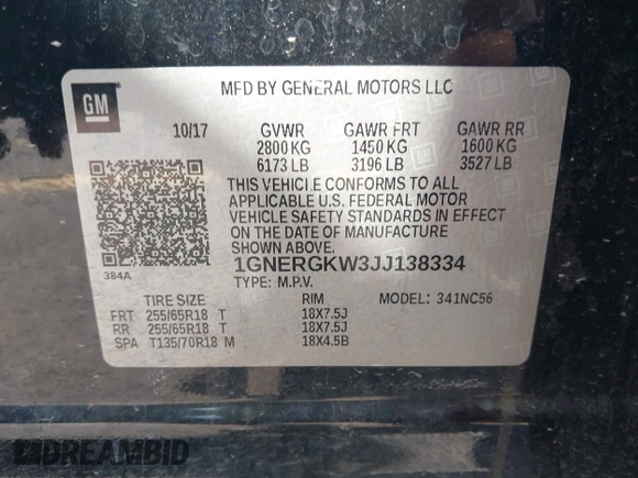 2018 Chevrolet Traverse LT Cloth with VIN 1GNERGKW3JJ138334, listed as a IAAI auction lot 42422939 with 98,060 mi miles and . Bid and sale history available at DreamBid. Image 9.