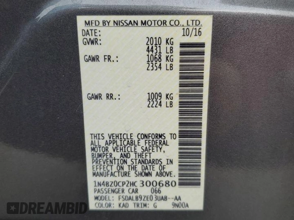 2017 Nissan LEAF SL with VIN 1N4BZ0CP2HC300680, listed as a Copart auction lot 83835754 with 206,106 mi miles and Clean Title. Bid and sale history available at carsss.com. Image 13.