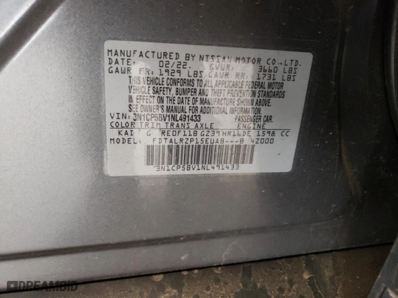 2022 Nissan Kicks S with VIN 3N1CP5BV1NL491433, listed as a Copart auction lot 49837305 with 66,840 mi miles and Salvage Title. Bid and sale history available at carsss.com. Image 12.