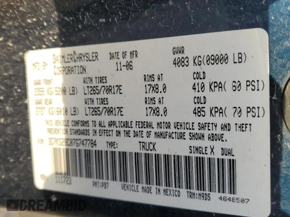 2007 Dodge Ram 2500 SLT with VIN 3D7KS28C07G747784, listed as a Copart auction lot 41335785 with 0 mi miles and Clean Title. Bid and sale history available at carsss.com. Image 15.