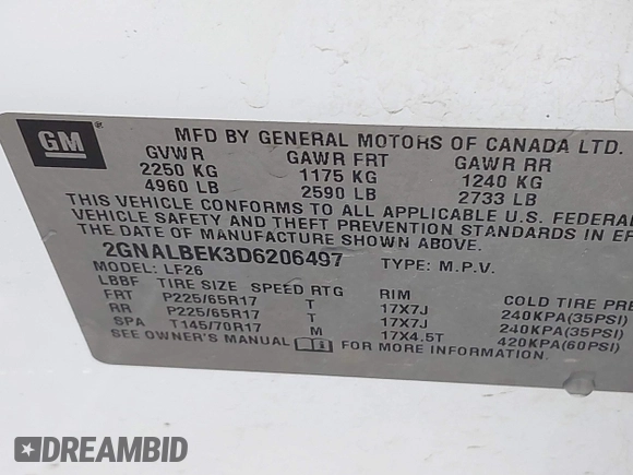 2013 Chevrolet Equinox LS with VIN 2GNALBEK3D6206497, listed as a IAAI auction lot 42083404 with 137,983 mi miles and . Bid and sale history available at DreamBid. Image 9.