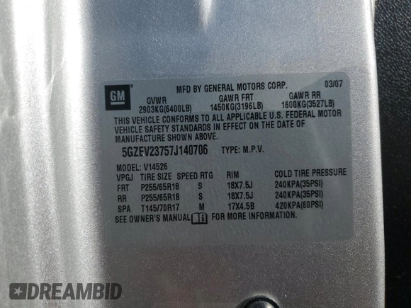 2007 Saturn Outlook XR z VIN 5GZEV23757J140706, wystawiony jako Copart lot #73027824 z przebiegiem 188 400 mil mil oraz Szkody całkowita. Historia ofert i sprzedaży dostępna na DreamBid. Obrazek 13.