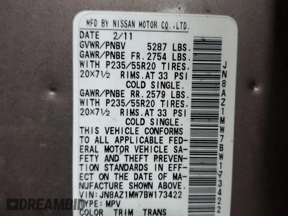 2011 Nissan Murano S with VIN JN8AZ1MW7BW173422, listed as a Copart auction lot 53913575 with 181,597 mi miles and Salvage Title. Bid and sale history available at DreamBid. Image 14.