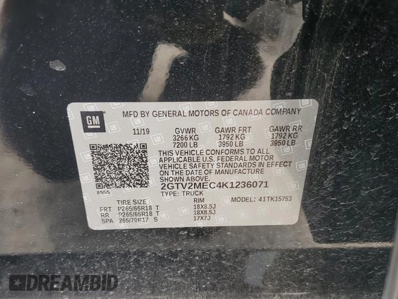 2019 GMC Sierra 1500 SLE z VIN 2GTV2MEC4K1236071, wystawiony jako Copart lot #60683995 z przebiegiem 19 710 mil mil oraz Szkoda całkowita • Salvage title. Historia ofert i sprzedaży dostępna na DreamBid. Obrazek 12.