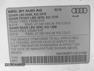 2018 Audi Q5 with VIN WA1BNBFY1J2131926, listed as a IAAI auction lot 42328714 with 79,752 mi miles and . Bid and sale history available at DreamBid. Image 9.