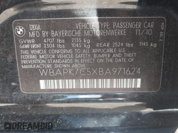 2011 BMW 3 Series 328i xDrive with VIN WBAPK7C5XBA971624, listed as a IAAI auction lot 42728084 with 159,355 mi miles and . Bid and sale history available at DreamBid. Image 9.