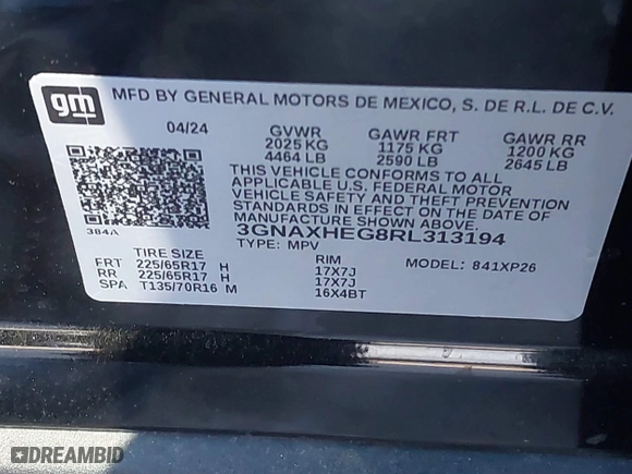 2024 Chevrolet Equinox LS with VIN 3GNAXHEG8RL313194, listed as a IAAI auction lot 41272769 with 26,060 mi miles. Bid and sale history available at carsss.com. Image 9.