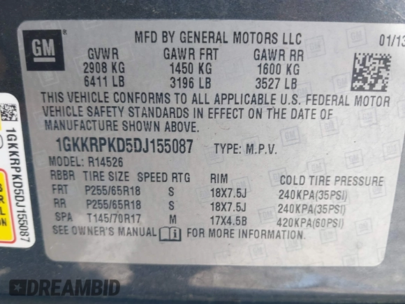 2013 GMC Acadia SLE with VIN 1GKKRPKD5DJ155087, listed as a IAAI auction lot 42028155 with 117,774 mi miles and . Bid and sale history available at DreamBid. Image 9.