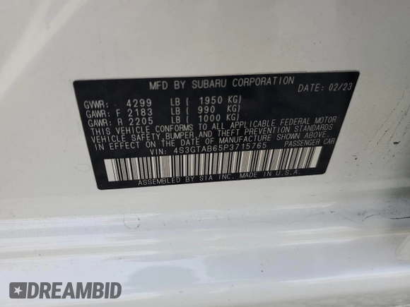 2023 Subaru Impreza with VIN 4S3GTAB65P3715765, listed as a Copart auction lot 78674344 with 22,302 mi miles and Salvage title. Bid and sale history available at DreamBid. Image 12.