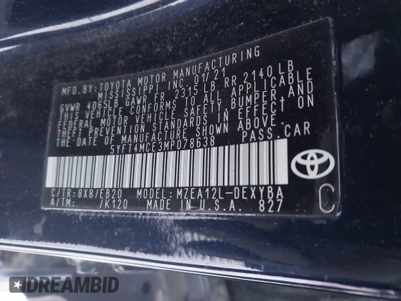 2021 Toyota Corolla XSE with VIN 5YFT4MCE3MP078638, listed as a IAAI auction lot 41281468 with 101,091 mi miles. Bid and sale history available at carsss.com. Image 9.