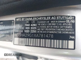 1999 Mercedes-Benz C 230/260/280/320 with VIN WDBHA29G1XA781478, listed as a IAAI auction lot 42051212 with Not Provided miles and . Bid and sale history available at DreamBid. Image 9.