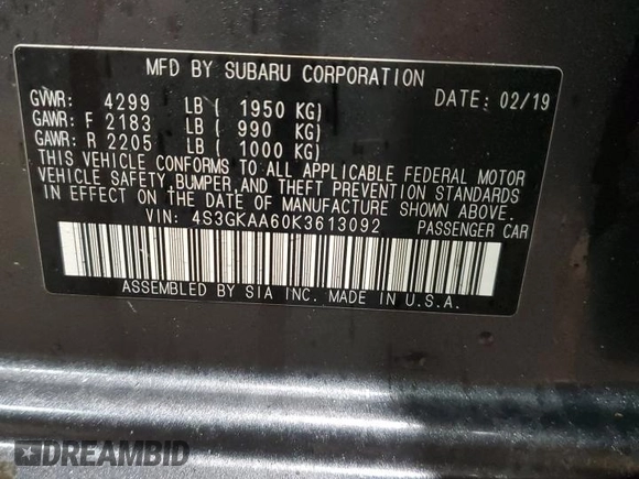 2019 Subaru Impreza with VIN 4S3GKAA60K3613092, listed as a Copart auction lot 73403372 with 54,427 mi miles. Bid and sale history available at carsss.com. Image 12.