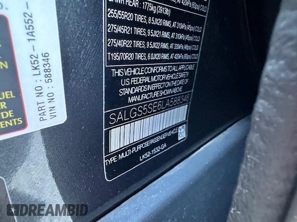 2020 Land Rover Range Rover with VIN SALGS5SE6LA588346, listed as a Copart auction lot 81150904 with 47,444 mi miles and Salvage title. Bid and sale history available at DreamBid. Image 15.