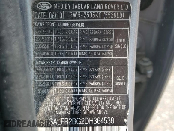 2013 Land Rover LR2 z VIN SALFR2BG2DH364538, wystawiony jako Copart lot #58549675 z przebiegiem 148 858 mil mil oraz Szkoda całkowita • Salvage title. Historia ofert i sprzedaży dostępna na DreamBid. Obrazek 14.