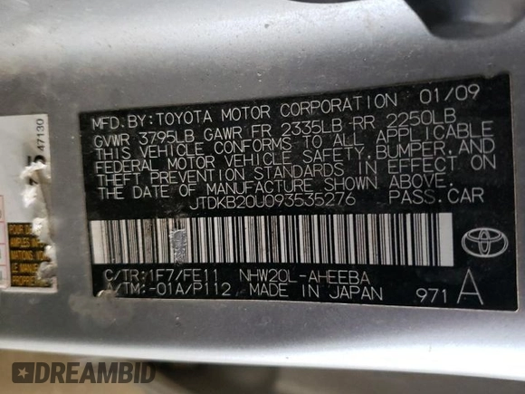 2009 Toyota Prius with VIN JTDKB20U093535276, listed as a Copart auction lot 55640655 with 184,609 mi miles and Clean Title. Bid and sale history available at carsss.com. Image 12.