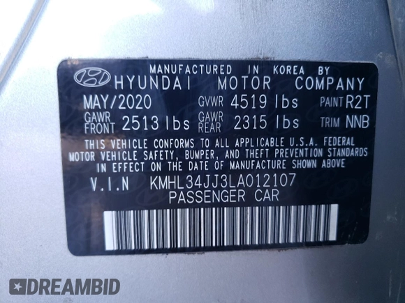 2020 Hyundai Sonata Hybrid Ultimate with VIN KMHL34JJ3LA012107, listed as a Copart auction lot 54268124 with 59,322 mi miles and Non Repairable. Bid and sale history available at carsss.com. Image 12.