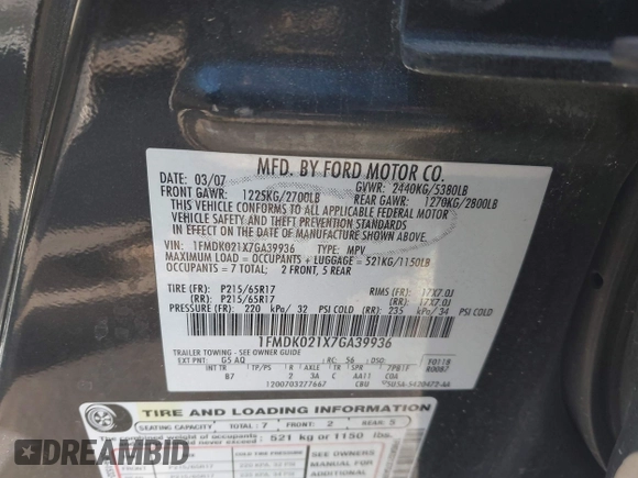 2007 Ford Freestyle SEL z VIN 1FMDK021X7GA39936, wystawiony jako IAAI lot #41686286 z przebiegiem 263 088 mil mil oraz . Historia ofert i sprzedaży dostępna na DreamBid. Obrazek 9.
