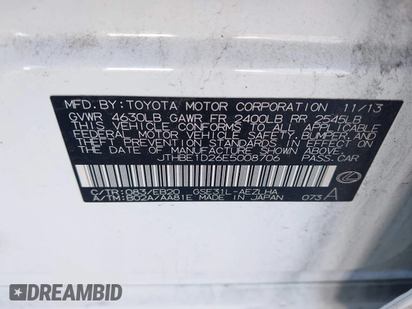 2014 Lexus IS 350 z VIN JTHBE1D26E5008706, wystawiony jako IAAI lot #41816475 z przebiegiem 129 670 mil mil oraz . Historia ofert i sprzedaży dostępna na DreamBid. Obrazek 9.
