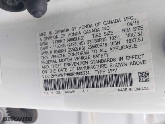 2019 Honda CR-V Touring with VIN 2HKRW1H90KH505234, listed as a IAAI auction lot 41152731 with 107,293 mi miles. Bid and sale history available at carsss.com. Image 9.