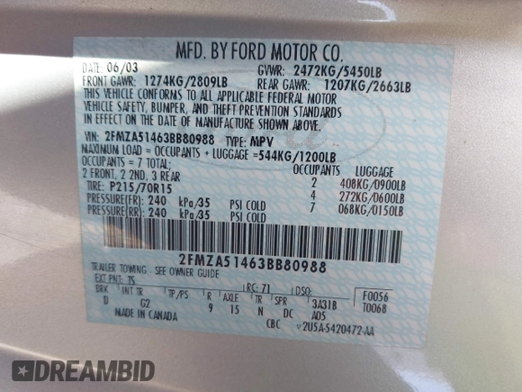2003 Ford Windstar LX with VIN 2FMZA51463BB80988, listed as a IAAI auction lot 42191972 with 205,338 mi miles and . Bid and sale history available at carsss.com. Image 9.