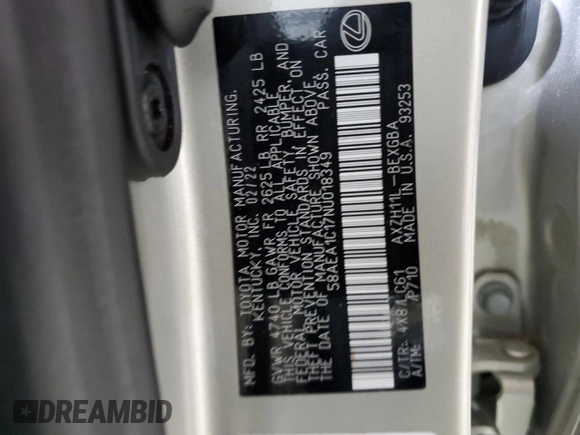 2022 Lexus ES 300h Luxury with VIN 58AEA1C17NU018349, listed as a Copart auction lot 43206535 with 13,464 mi miles and Salvage title. Bid and sale history available at DreamBid. Image 12.