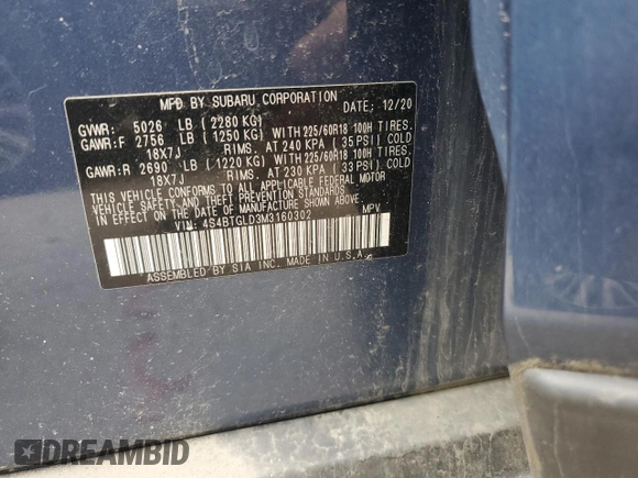 2021 Subaru Outback Onyx XT с VIN 4S4BTGLD3M3160302, выставлен на аукционе Copart как лот 85715354 с пробегом 15 117 миль миль и Списание • Salvage title. История ставок и продаж доступна на DreamBid. Изображение 13.