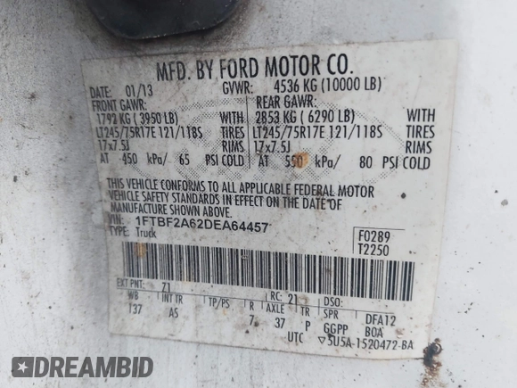 2013 Ford F-250 XL with VIN 1FTBF2A62DEA64457, listed as a IAAI auction lot 41120600 with 207,091 mi miles and . Bid and sale history available at DreamBid. Image 9.