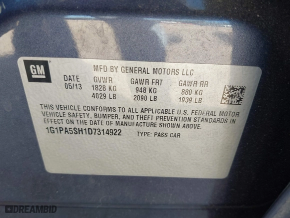 2013 Chevrolet Cruze LS with VIN 1G1PA5SH1D7314922, listed as a IAAI auction lot 42038088 with 121,811 mi miles. Bid and sale history available at carsss.com. Image 9.