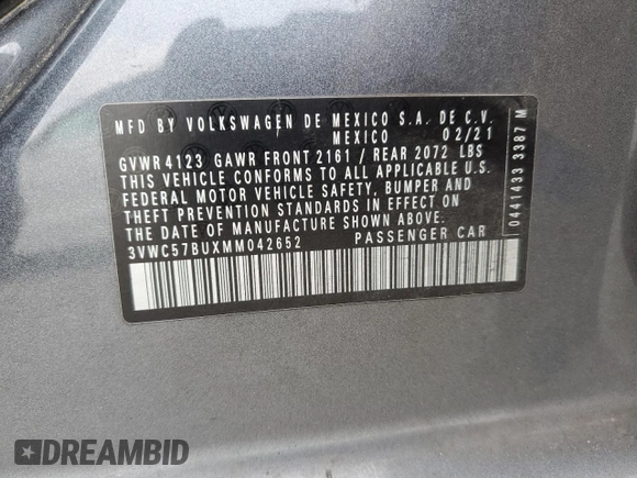 2021 Volkswagen Jetta S с VIN 3VWC57BUXMM042652, выставлен на аукционе Copart как лот 57286905 с пробегом 126 637 миль миль и Списание • Salvage title. История ставок и продаж доступна на DreamBid. Изображение 13.