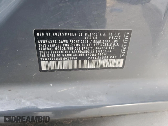 2022 Volkswagen Jetta GLI Autobahn с VIN 3VW2T7BU3NM023850, выставлен на аукционе Copart как лот 42457305 с пробегом Не указан миль и Списание • Salvage title. История ставок и продаж доступна на DreamBid. Изображение 14.