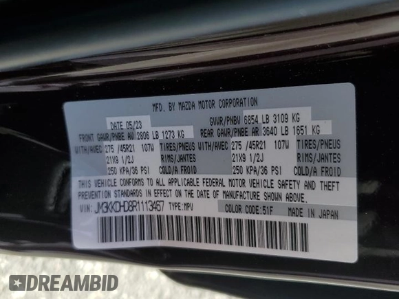 2024 Mazda CX-90 Premium z VIN JM3KKDHD8R1113467, wystawiony jako Copart lot #50405355 z przebiegiem 10 267 mil mil oraz Szkody całkowita. Historia ofert i sprzedaży dostępna na DreamBid. Obrazek 15.