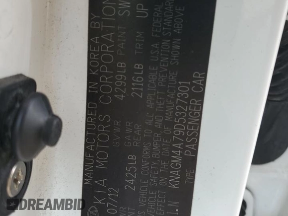 2013 Kia Optima LX z VIN KNAGM4A79D5327301, wystawiony jako Copart lot #55595565 z przebiegiem 100 366 mil mil oraz Szkoda całkowita • Salvage title. Historia ofert i sprzedaży dostępna na DreamBid. Obrazek 12.