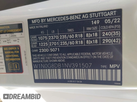 2022 Mercedes-Benz GLC 300 with VIN W1N0G8DB1NV391507, listed as a IAAI auction lot 41297899 with 24,101 mi miles and . Bid and sale history available at DreamBid. Image 9.