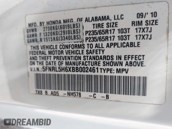 2011 Honda Odyssey EX-L with VIN 5FNRL5H6XBB002461, listed as a IAAI auction lot 42662720 with 145,672 mi miles and . Bid and sale history available at DreamBid. Image 9.