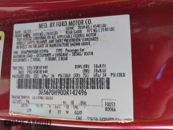 2013 Ford Fusion SE with VIN 3FA6P0H90DR142496, listed as a IAAI auction lot 41424016 with 135,099 mi miles. Bid and sale history available at carsss.com. Image 9.