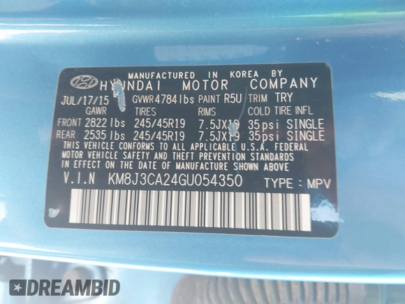 2016 Hyundai Tucson Eco with VIN KM8J3CA24GU054350, listed as a IAAI auction lot 41983769 with 132,424 mi miles. Bid and sale history available at carsss.com. Image 9.
