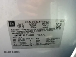 2017 GMC Acadia Denali with VIN 1GKKNPLS3HZ140300, listed as a Copart auction lot 56922725 with 137,626 mi miles and Salvage title. Bid and sale history available at DreamBid. Image 14.
