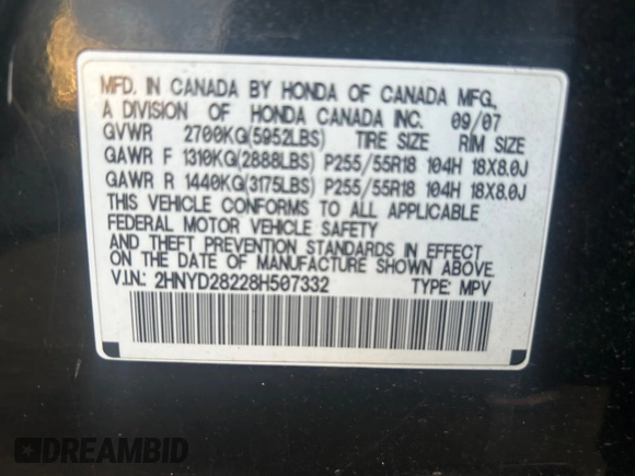 2008 Acura MDX with VIN 2HNYD28228H507332, listed as a Copart auction lot 54994765 with 221,948 mi miles and Salvage Title. Bid and sale history available at DreamBid. Image 10.