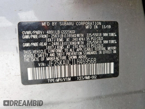 2020 Subaru Forester Limited with VIN JF2SKAUC1LH469568, listed as a Copart auction lot 57506625 with 100,482 mi miles and Clean title. Bid and sale history available at DreamBid. Image 13.