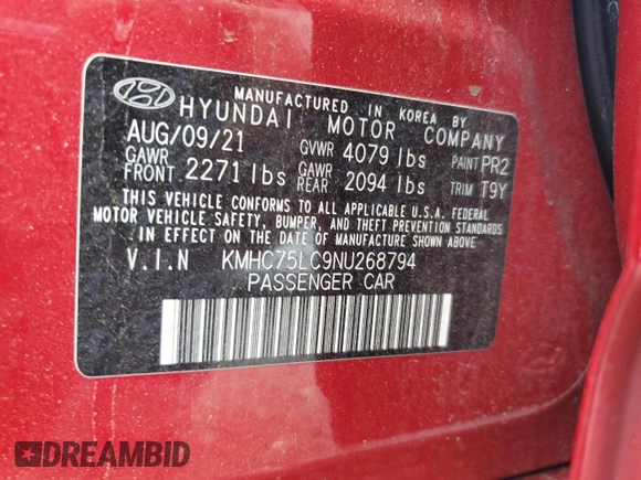 2022 Hyundai Ioniq SE with VIN KMHC75LC9NU268794, listed as a Copart auction lot 56661625 with Not provided miles and Salvage title. Bid and sale history available at DreamBid. Image 12.