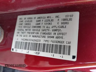 2007 Honda Accord LX SE z VIN 1HGCM56337A204233, wystawiony jako IAAI lot #42306130 z przebiegiem 240 178 mil mil oraz . Historia ofert i sprzedaży dostępna na DreamBid. Obrazek 9.